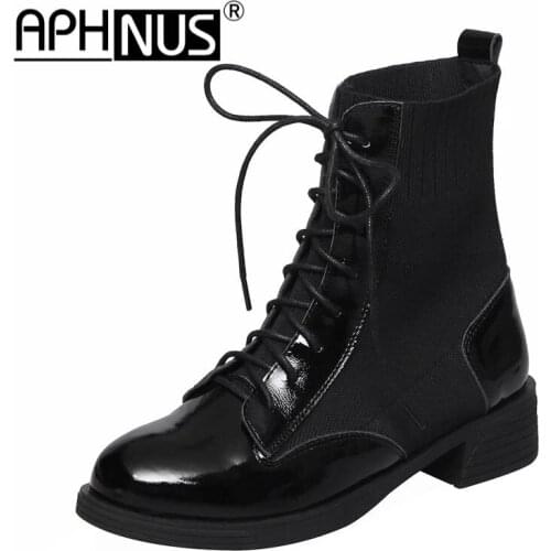 APHNUS Womens Boots Combat Riding Low Mid Heels Pumps Short Ankle Booties Cow Leather Woman 2021 Shoes For Women New Lace Up