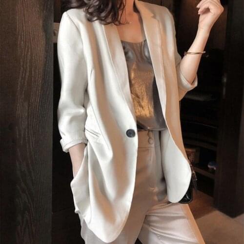 White Suit Jacket Womene Summer Korean Fashion Office Casual Versatile Seven-Point Sleeve Satin Thin Sunscreen Suit Jacket 2021
