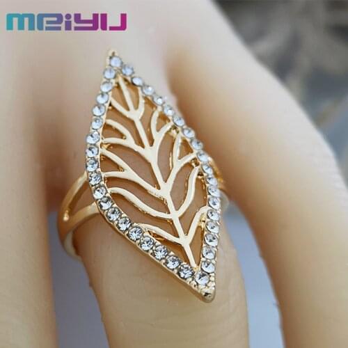 Big Leaf Rings For Women White Rhinestone Pave Setting Elegant Unique Design Hollow Leaf Finger Fashion Jewelry For Party
