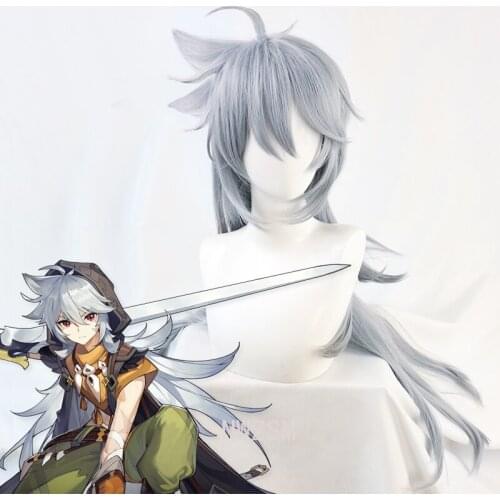 Razor Genshin Impact Gray Long Heat Resistant Synthetic Hair Halloween Carnival Party Role Play Cosplay + Free Wig Cap