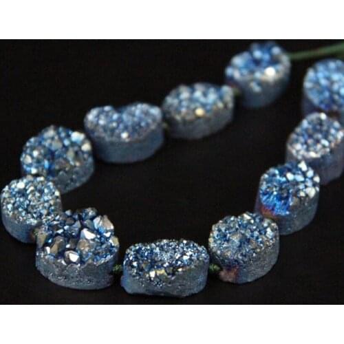 Approx11PCS/strand Natural Quartz Geode Drusy Oval Slab Nugget Beads,Blue Green Titanium Roug Agates Crystal Druzy Slice Pendant