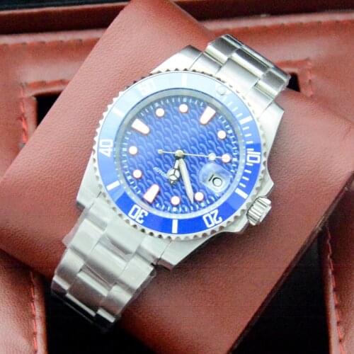 New 40mm Automatic Mens Watch Blue Aseptic Dial Luminous Hand Rotating Bezel Date Magnifying Glass Stainless Steel Caseic ring