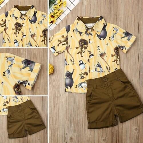Toddler Baby Boys Kids Clothes animal print turn-down collar short sleeve T-Shirts Button solid pocket shorts 2pc autumn Outfits
