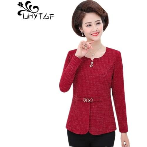 UHYTGF Womens spring t-shirt fashion long sleeves pullover elegant mom top female O neck loose Plus size t-shirt woman cloth 908