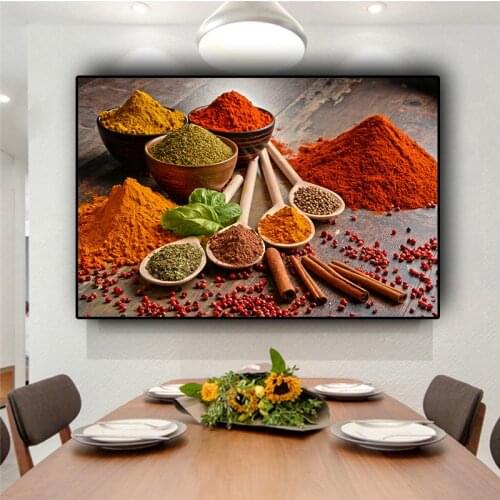 Colorful Grains Spices Spoon Kitchen Canvas Painting Wall Art Pictures Painting Wall Art for Living Room Home Decor (No Frame)