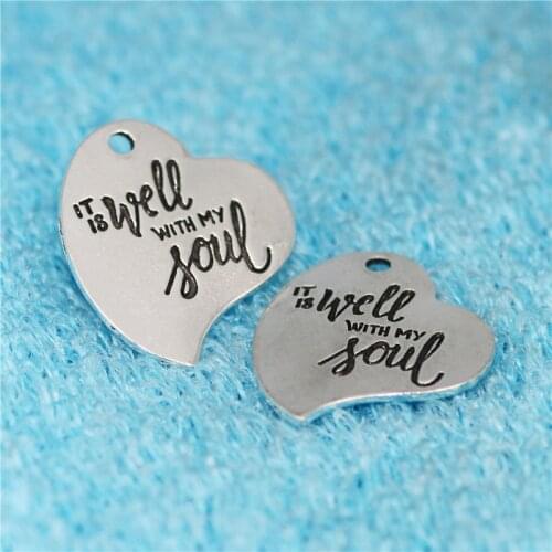 High Quality 20 Pieces/Lot Diameter 20mm Letter printed It is well with my soul round disc message charms bulk pendant for DIY