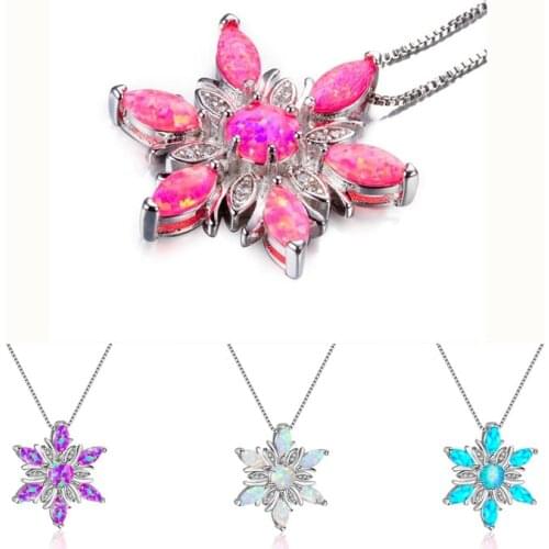 Fashion Women Necklace Elegant Snowflake Imitation Blue Fire Opal Pendant Necklace For Women Jewelry Accessories Girl Gift