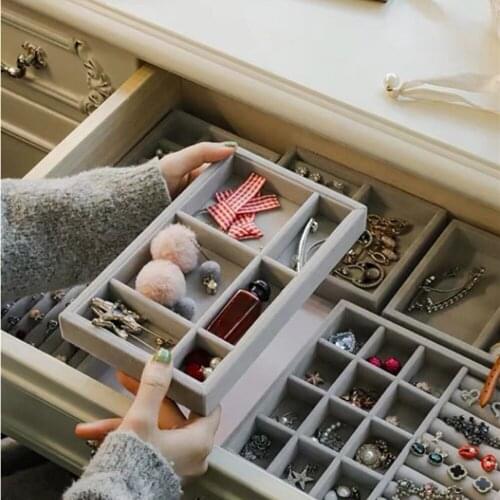 Fashion Gray Velvet Stackable Drawer Jewelry Display Tray Case Jewellery Holder Portable Velvet Jewelry Organizer Box Gift Box