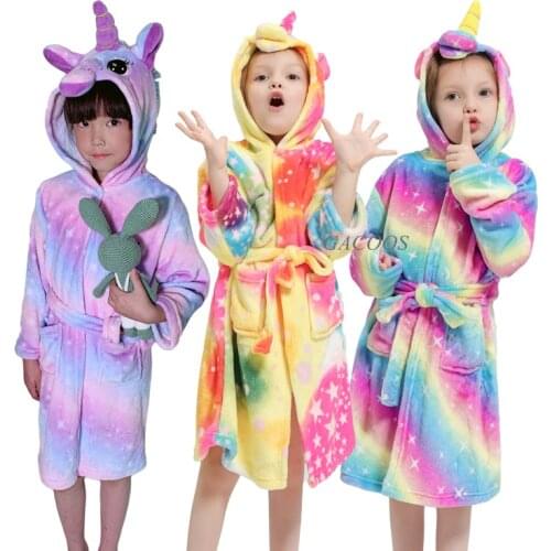 Cartoon Kids Robes Flannel Big Boys Girls Animal Unicorn Hooded Bathrobes For Chilldren Long Sleeve Baby Boys Bath Robe Clothing