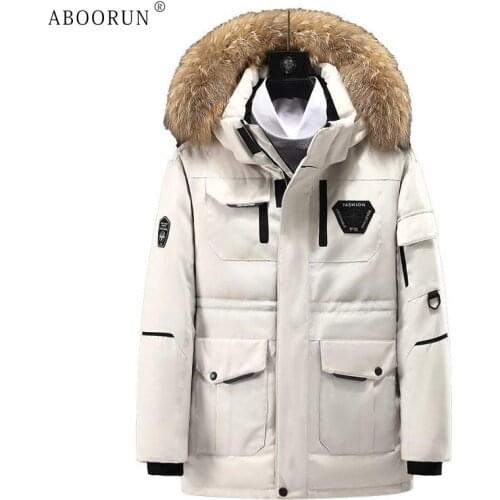 ABOORUN Mens Winter White Duck Down Jacket Big Fur Collar Multi Pockets Casual Thick Warm Coat Parka for Male