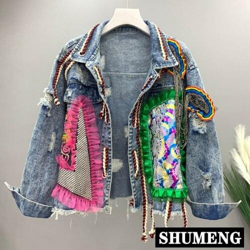 2021 Spring Autumn New Burr Denim Jacket Heavy Industry Diamond Mesh Hole Contrasting Color Jeans Coat Harajuku Jean Jackets