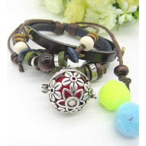 New Arrival 4 Rows Multi Beads and Leather Combined Openable Locket with Lava Bead Felt Ball DIY Essential Oil Diffuser Bracelet