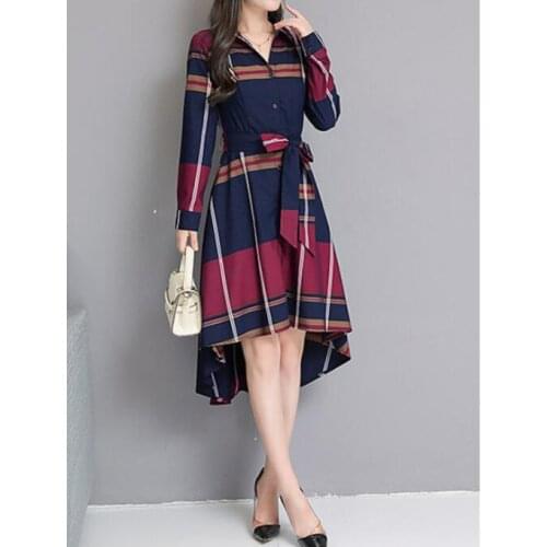 Photo Shoot 2021 Autumn New Style Plaid Shirt Waist Hugging Fashion Irregular Mid-length Dignified Glorious Dress