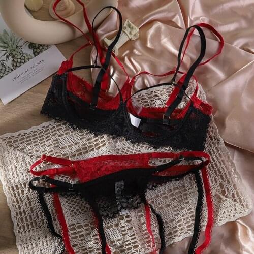 Sexy flirting hollow non-sponge steel support lingerie suit see-through thong open crotch passion hot transparent nightclub bra