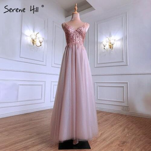 Serene Hill Pink Sexy A-Line Prom Dresses 2021 Spaghetti Strap Beaded Simple Prom Party Dress LA71287