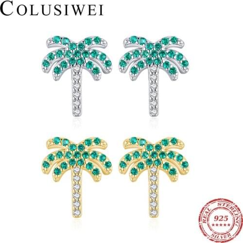 Colusiwei Real 925 Sterling Silver Fashion Green Leaf Crystal Ear Pins Coconut Tree Stud Earrings for Women Fine Jewelry