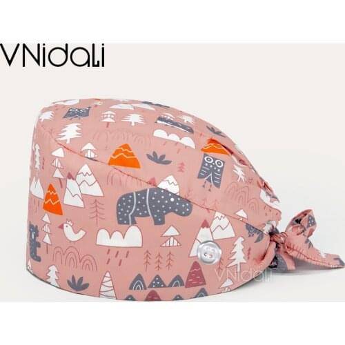 With button Multicolor cartoon printing hat adjustable Scrub hats beauty salon nursing cap laboratory pet shop fashion scrub cap