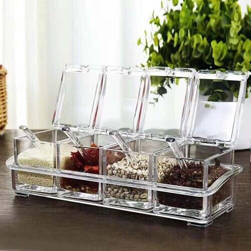 Four In One With Spoon Kitchen Organizer Storage Boxes Spices Seasoning Jar Transparent Sugar Salt Bottle Kitchen Accessories