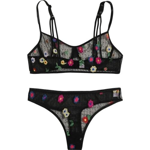 Stylish Bar Bra G-String Suit Womens Sexy Lingerie Flower Lace Top Bra Set Lady Thong Underwear Set Female Top Erotic Lingerie