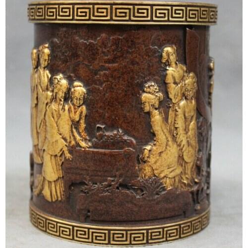 USPS to USA S1203 Chinese Purple Bronze 24K Gold Belle Beauty Statue Brush Pot Barrel Pencil Vase