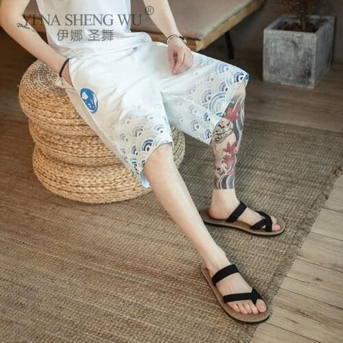 Japanese Men Cotton corduroy Samurai Costume Ukiyo-e Print Retro Harem Pants Haori Baggy Trousers Harajuku Hip Hop Jogger