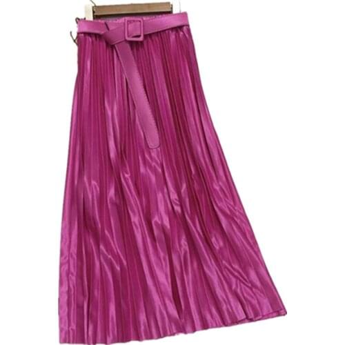 Skirts Women Pleated High Waist Plus Size Pink Casual Streetwear All-match Korean Style Trendy Blue Satin Midi Skirt