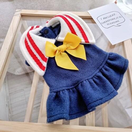 Yellow Bows Blue Skirt Dog Clothes Stripe Collar For School Style Winter Autumn Pet Outfit Cat Costumes Jacket Puppy Pomeranian