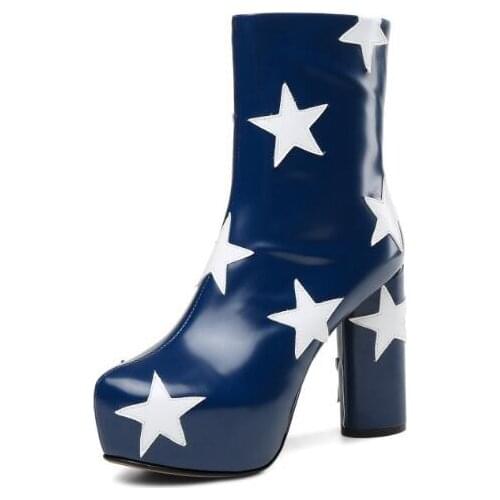 Winter Girls Punk Style Blue Black Star Decoration Round Toe Platform Short Boots Ladies Chunky Heels Zipper Side Ankle Booties