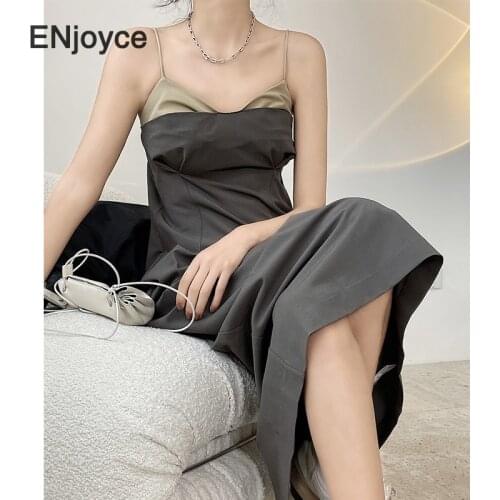 Women Fashion French Style Split A-line Dress Slim Long Sling Dress Sexy Sleeveless Night Club Party Maxi Dresses Spring Summer