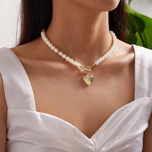 Fashion Gold Color Heart Necklace For Women Elegant Imitation Pearl Chain Necklace On The Neck Jewelry Choker Necklaces