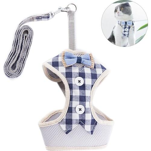 Dog Harness and Leash Set Pet Cat Vest Harness With Bowknot Mesh Padded For Puppy Adjustable Breathable Checked Pet Harness