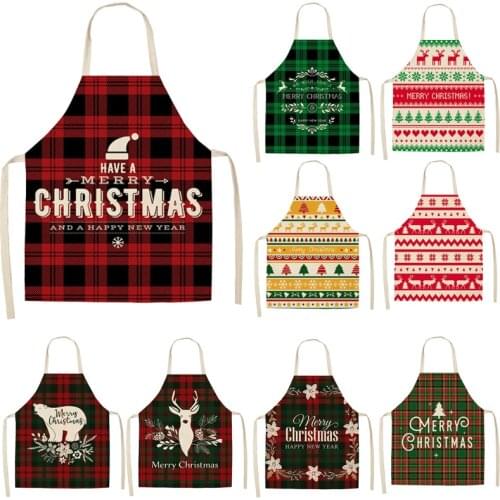 1PC Merry Christmas Apron Cute Elk Red Plaid Cotton Linen Kitchen Apron For Woman Bibs New Year Xmas Baking Cooking Accessories
