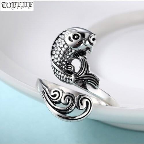 100% 925 Silver Fish Ring Real Sterling Silver Women Ring Vintage Silver Good Luck Ring Resizable