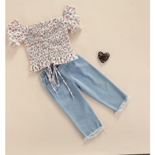 2 Pcs Baby Girl Casual Outfits Floral Square Collar Puff Sleeve Drawstring Shirt + Solid Color Frayed Raw Hem Jeans with Pocket
