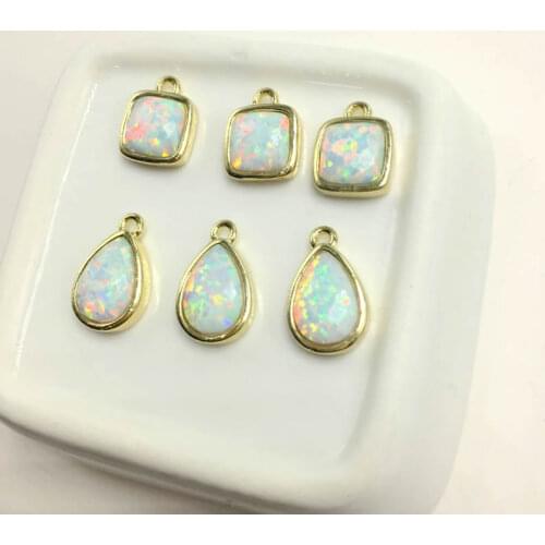 5PCS Bezel Gold Color Square Tear drops White Japanese Opal Small pendant Charms Man-made Opal Eardrop Beads Creative jewelry