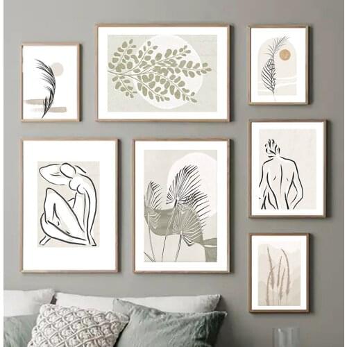 Abstract Plant Leaf Sun Woman Body Line Wall Art Canvas Painting Nordic Posters And Prints Wall Pictures For Living Room Decor