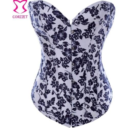 Black Flower Denim White Bustier Top Sexy Corset Overbust Cowboy Burlesque Costumes Corsets and Bustiers Gothic Clothing