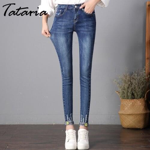 Jeans for woman Skinny Flanging Denim Vintage Pants Women Jeans Mujer Slim Stretch Smile Embroidery Ankle Length Pants For Women
