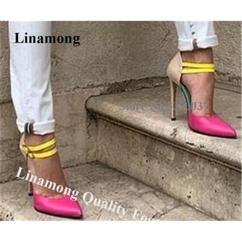 Linamong Elegant Pointed Toe Patchwork Stiletto Heel Pumps Multi-colors Ankle Straps Buckles High Heel Sandals Formal Dress Shoe