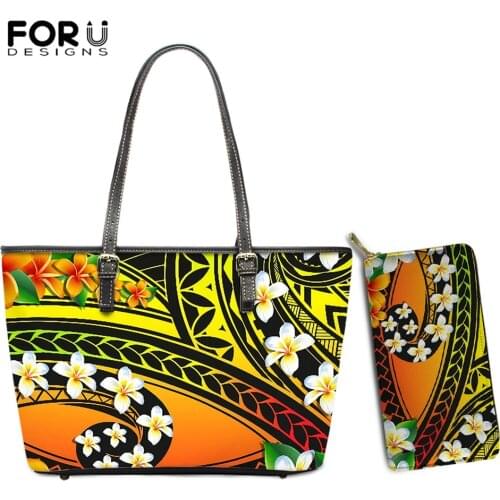 FORUDESIGNS Hawaii Plumeria Polynesian Tribe Pattern 2021 Fashion Crossbody Bags And Wallet Set Luxury Lady PU Leather Handbags