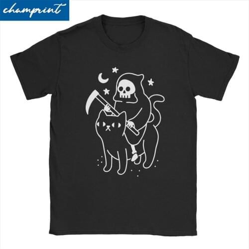 Men Womens T-Shirt Death Rides A Black Cat Tee Shirt Horror Halloween Grim Reaper Funky T Shirts Crew Neck Tops Gift