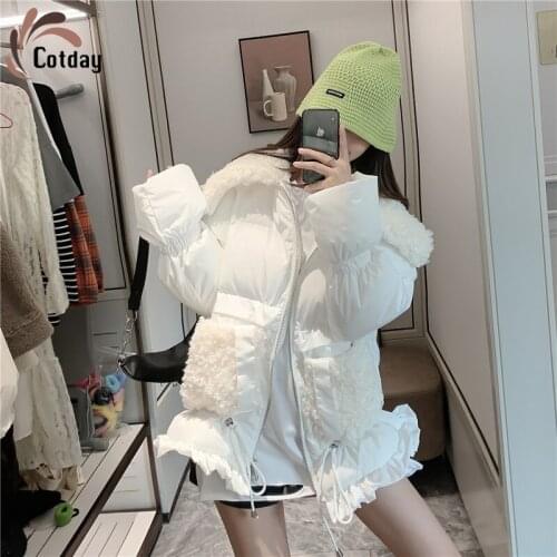 Cotday Loose White Big Lapel Womens Drawstring Waistband Lambs Wool Winter Warm Preppy Style Lovely Cotton Padded Parka Coat