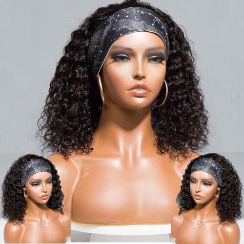 Headband Wig Human Hair Curly Wig with Headband for Black Women Machine Made Brazilian Virgin Short curly Bob Wig natural black