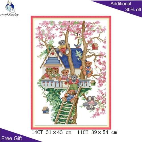 Joy Sunday Bears Tree House KB115 14CT 11CT Counted and Stamped Cute Bear And House Home Decor Embroidery Cross Stitch kits