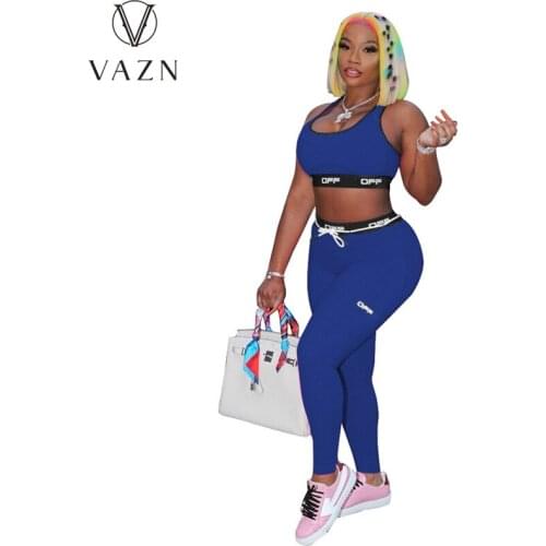 VAZN 2020 Hot Sale Women Solid Sleeveless Gym Set Tracksuit Sexy Suit Two Piece Set Sport Running Lady Sets