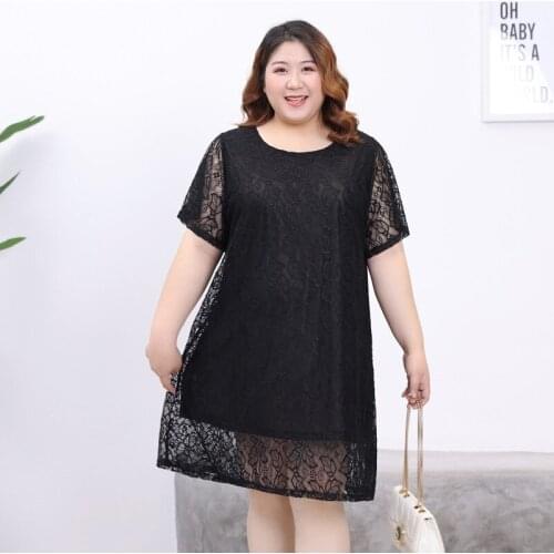 2XL To 7XL Plus Size Women Dress Short Sleeve Summer Korean A-line Lace Dresses Elegant Casual Robes T6037