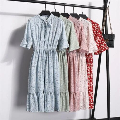Summer Dress Womens Clothing 2021 Women Floral Chiffon Short-Sleeved Dress Round Neck Ruffles Midi Dresses For Woman Robe Femme