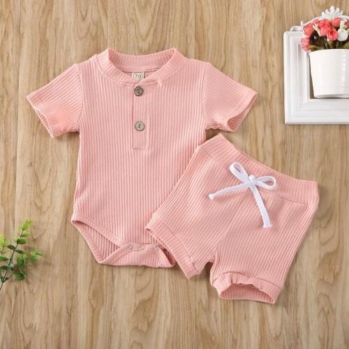 Newborn Baby Summer Clothing Kid Baby Boy Girl Clothes Solid Short Sleeve Bodysuit Shorts Ribbed 2Pcs Outfits Set 3 Colors