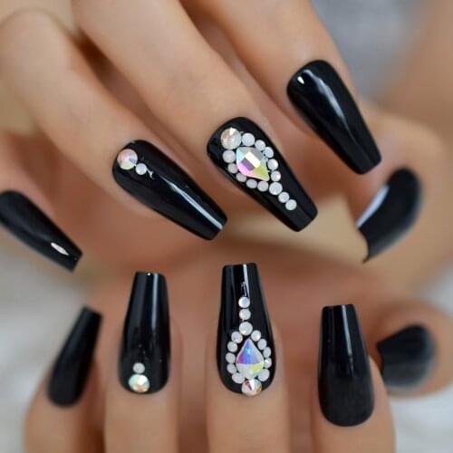 Glossy Classic Black French Ballerina Coffin False Nail Bling 3D Handmade Press on Ballet Fake Nails Tips Reusable Wear