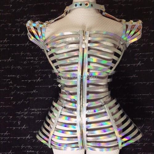 Nightclub bar new female sexy costumes silver Laser mirror bodysuit hollow jumpsuit model catwalk stage wear team dance show DJ
